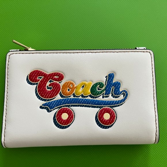 Authentic Coach Slim Card Wallet in Chalk and Brown Color Rainbow Color Logo On - Picture 3 of 6
